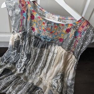 Johnny Was Gray and Cream Embroidered Blouse